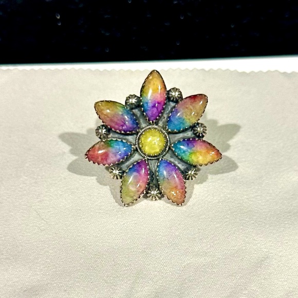 EUC Rainbow Quartz Faceted Flower Bust Sterling Silver Ring - Picture 8 of 13